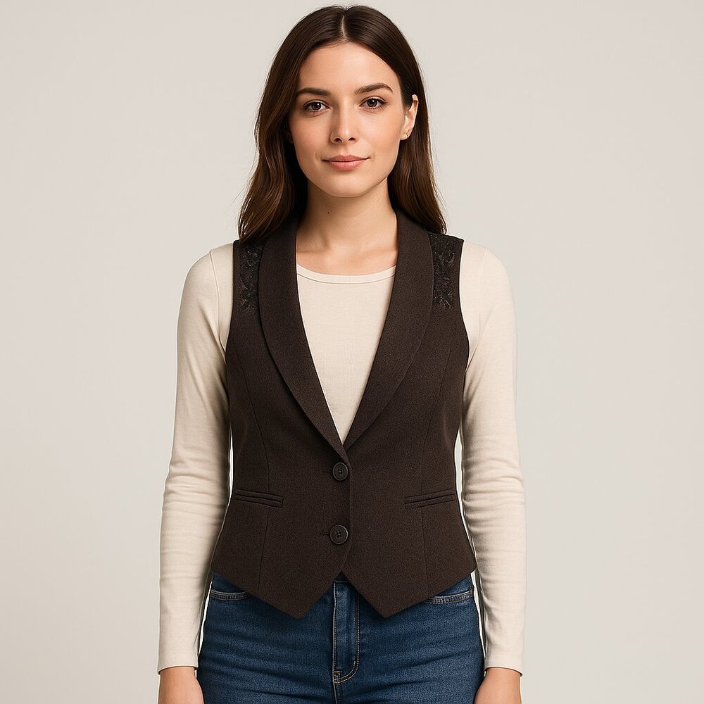 VINTAGE | Majora Brown Herringbone & Lace Button Vest - Large